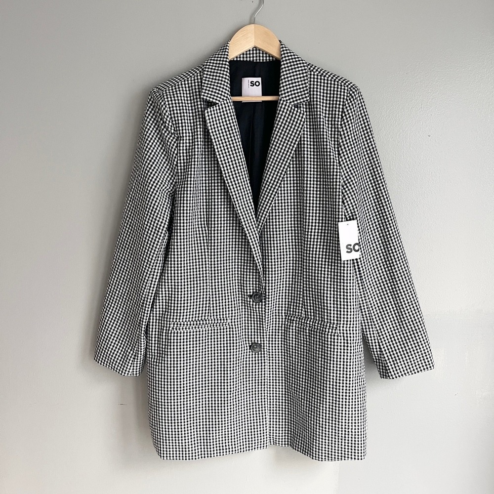 SO Goods For Life Womens Long Line Gingham Blazer Black White Size Large NWT